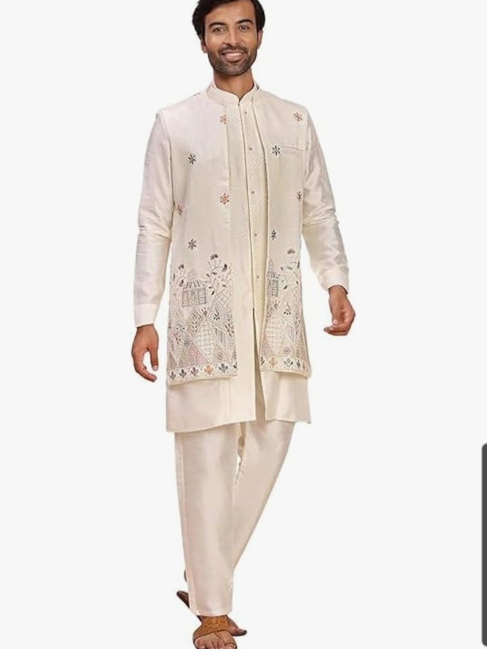 Cream Embroidered Men's Silk 3 Piece Kurta Set Size XL